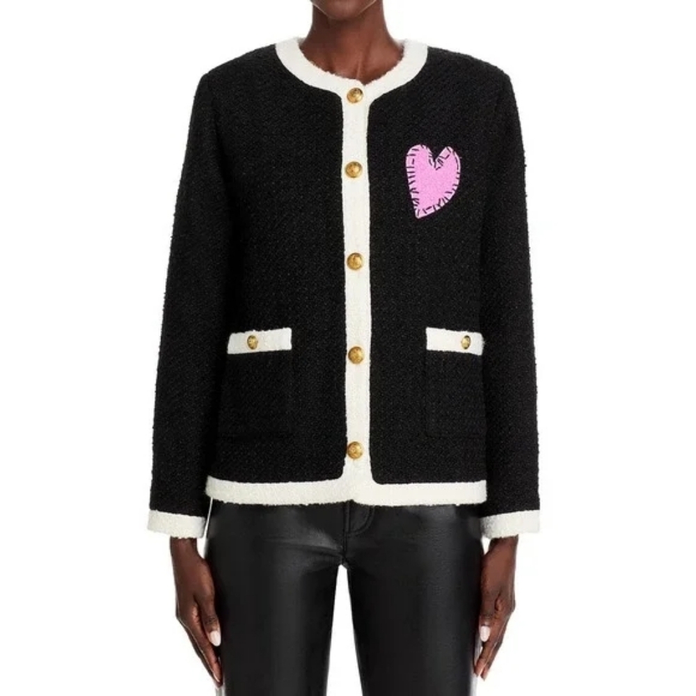 AQUA x Kerri Rosenthal Tweed Jacket Heart Patch Pockets Black White S
